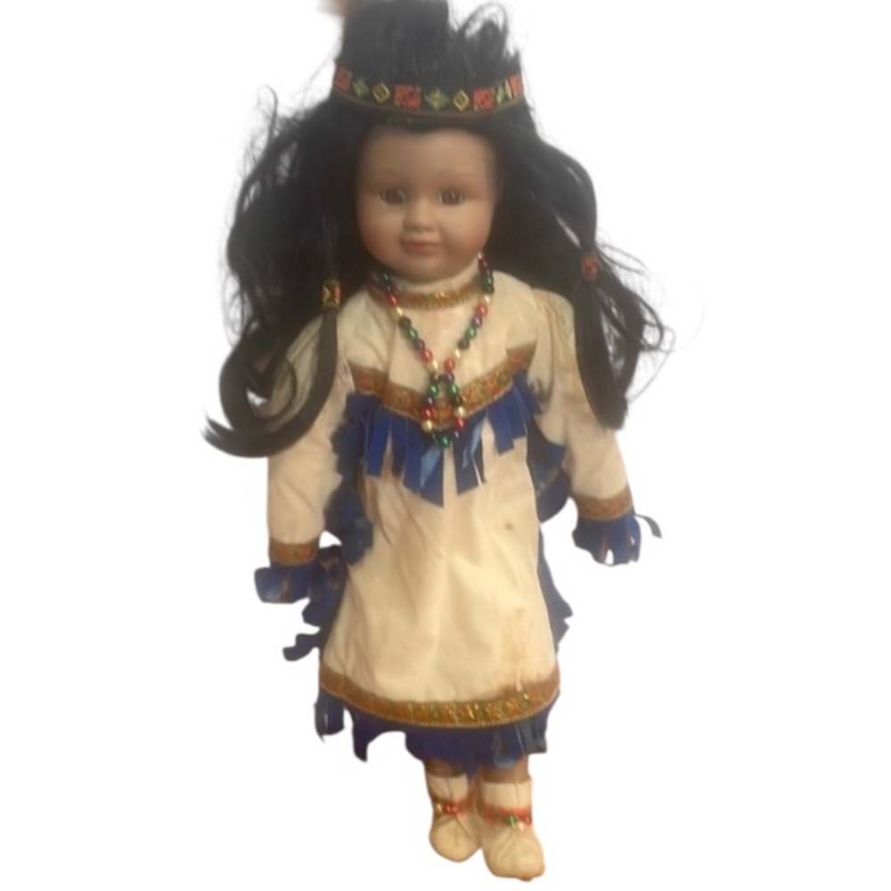 Collectible Native American Doll Blue tan dress shoes hair accessories necklace